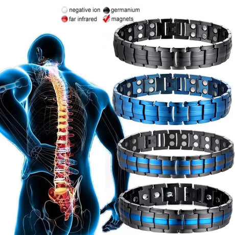 Metallic bracelets with health benefits displayed on a human skeleton illustration.