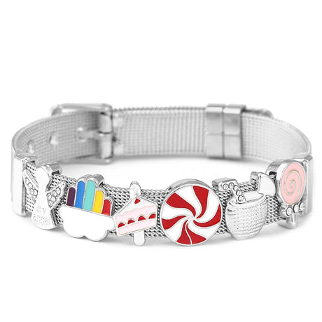 Silver bracelet with various charms on a white background