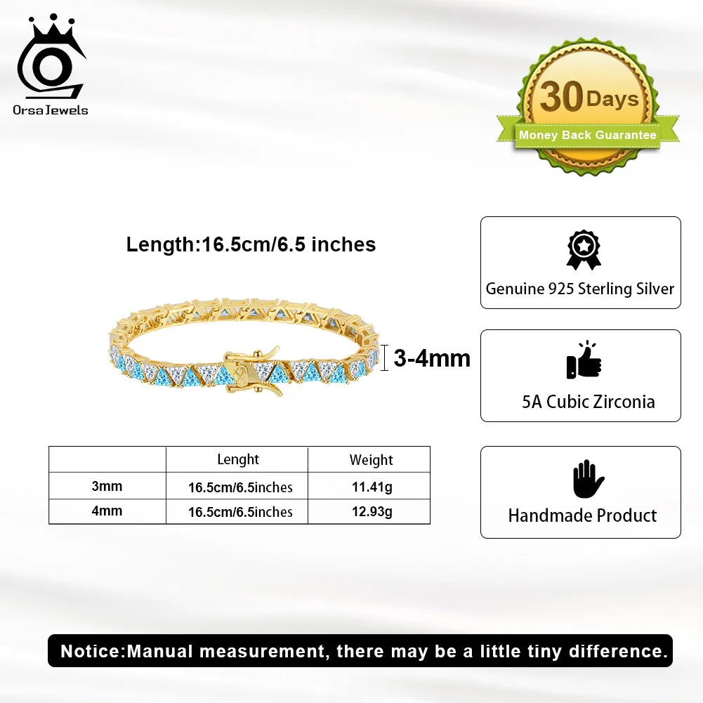 Gold bracelet with blue stones on a white background, featuring Orsa Jewels branding and product details.