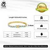 Gold bracelet with blue stones on a white background, featuring Orsa Jewels branding and product details.