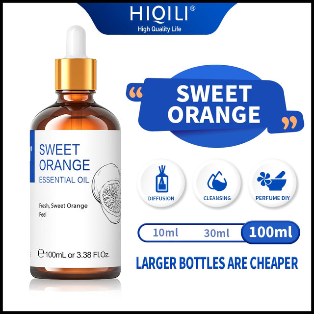 Sweet orange essential oil bottle with dropper on a white background, featuring HIQILI branding.