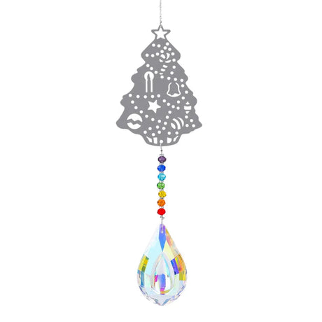 Decorative hanging ornament with a tree-shaped top and colorful beads below on a white background