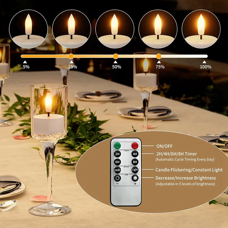 Table setting with electric candles and a remote control, showing candle levels and features.