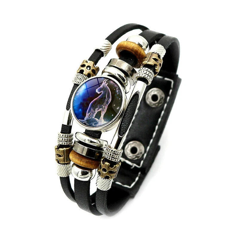 Multistrand bracelet with wolf design and decorative beads on a white background