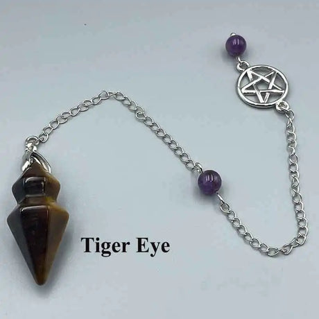 Amulet with chain, pentacle design, and tiger eye stone on a light gray background