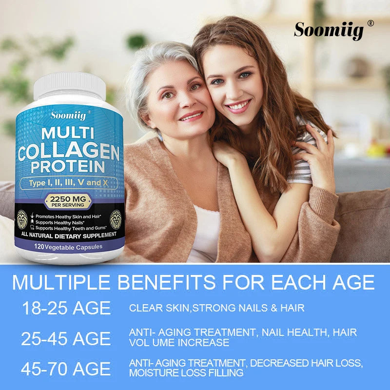 Advertisement for Soomiig Multi Collagen Protein with two women and product details.