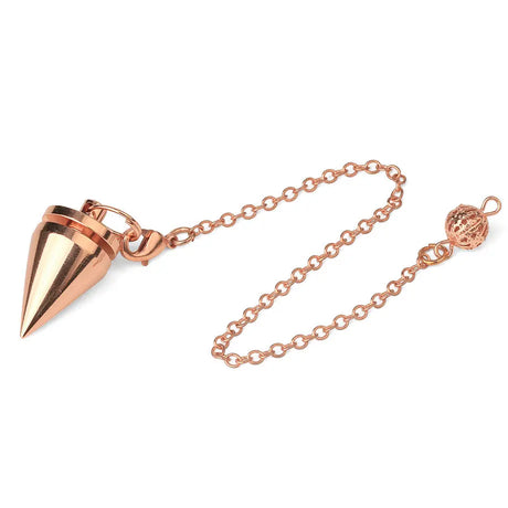 Rose gold spike pendant on a chain against a white background