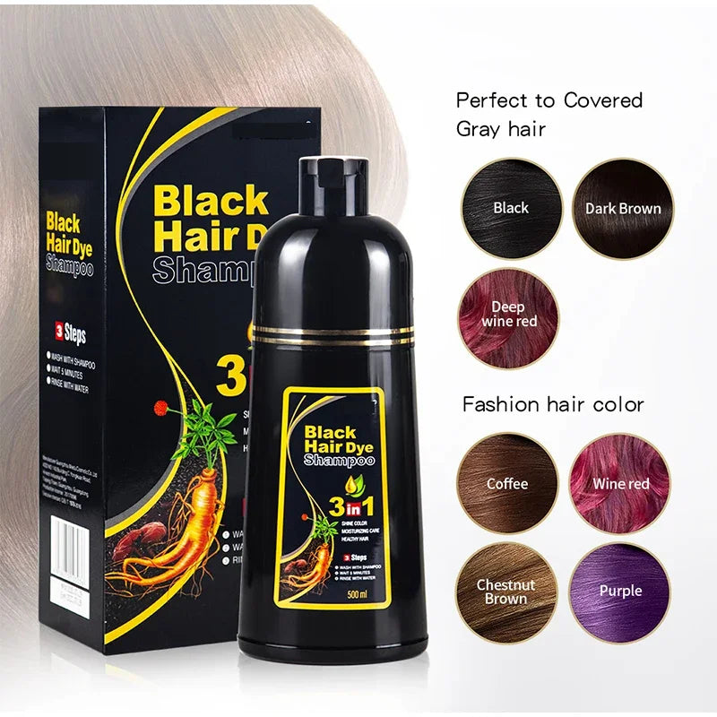 Black Hair Dye Shampoo packaging with color options on a white background