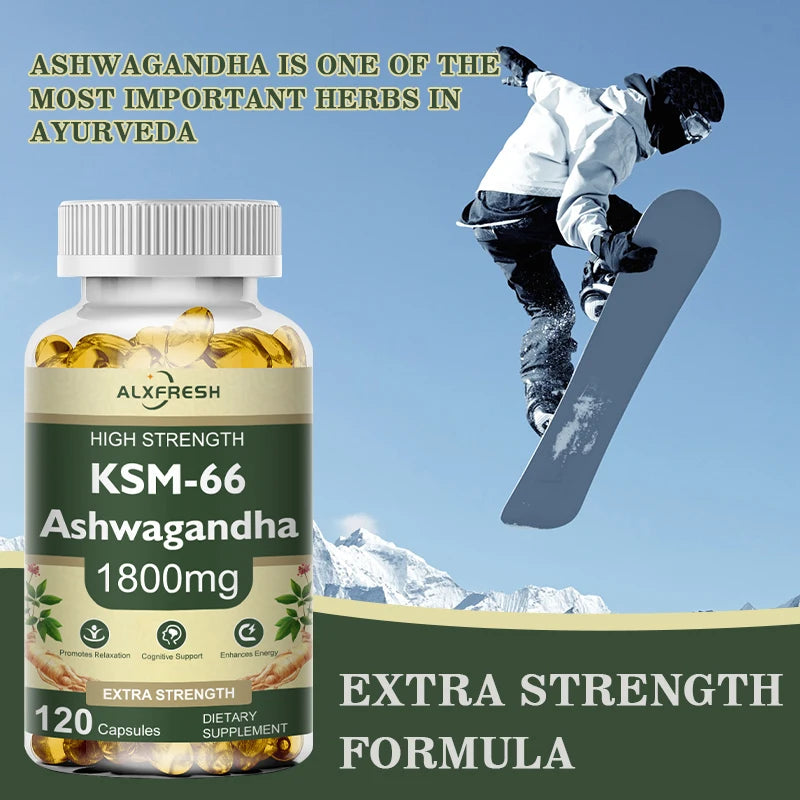 Supplement bottle of KSM-66 Ashwagandha with a person snowboarding in the background