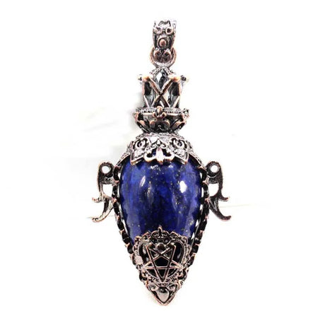 Blue pendant with intricate silver design on a white background