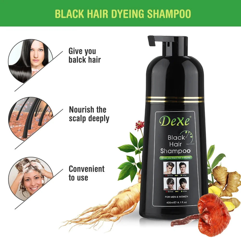 Dexe Black Hair Dyeing Shampoo bottle with product features and ingredients on a white background