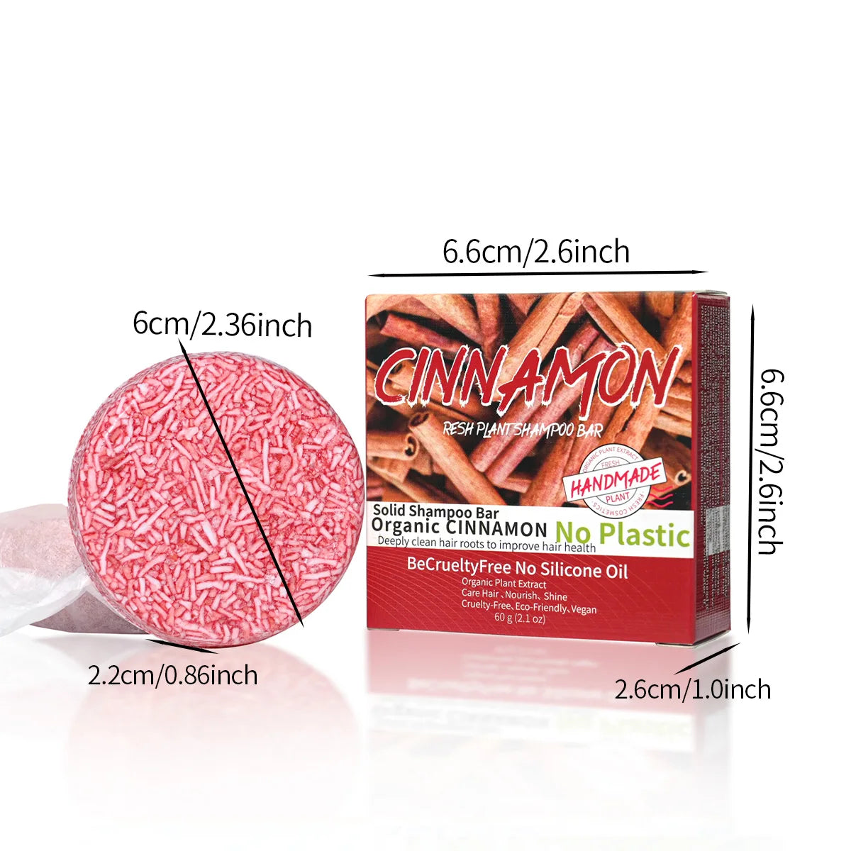 Cinnamon-scented solid shampoo bar with packaging and measurements on a white background
