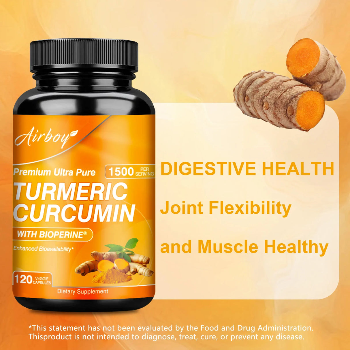 Supplement bottle labeled 'Turmeric Curcumin' with turmeric roots on a yellow background