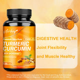 Supplement bottle labeled 'Turmeric Curcumin' with turmeric roots on a yellow background