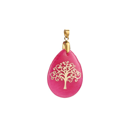 Pink teardrop pendant with gold tree design on a white background