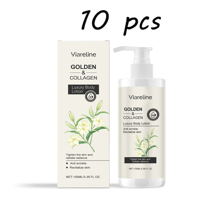 Viareline Golden & Collagen body lotion with packaging on a white background