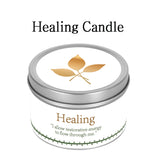 Healing candle tin with lid featuring a leaf design on a white background