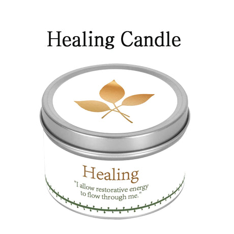 Healing candle tin with lid featuring a leaf design on a white background