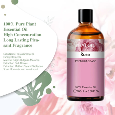 Rose essential oil bottle with pink label on a floral background