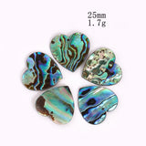 Five heart-shaped abalone shells with colorful patterns on a white background, labeled '25mm 1.7g'.