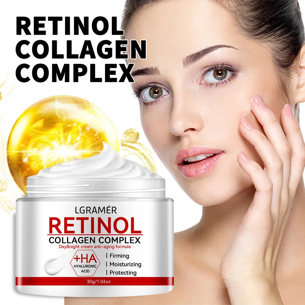 LGRamer Retinol Collagen Complex cream jar with a woman applying it to her face.