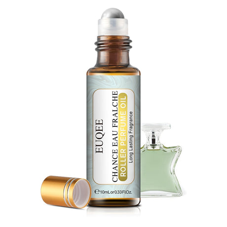 EUQEE rollerball perfume oil with cap and another perfume bottle on a white background