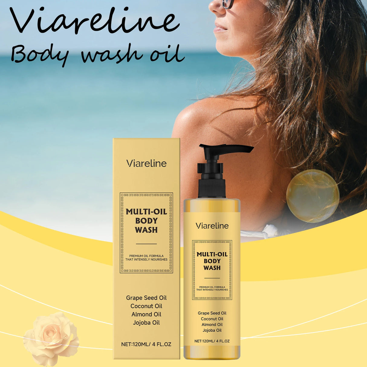 Viareline Multi-Oil Body Wash with packaging and a woman in the background