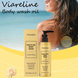 Viareline Multi-Oil Body Wash with packaging and a woman in the background