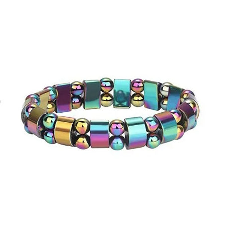 Multicolored beaded bracelet on a white background