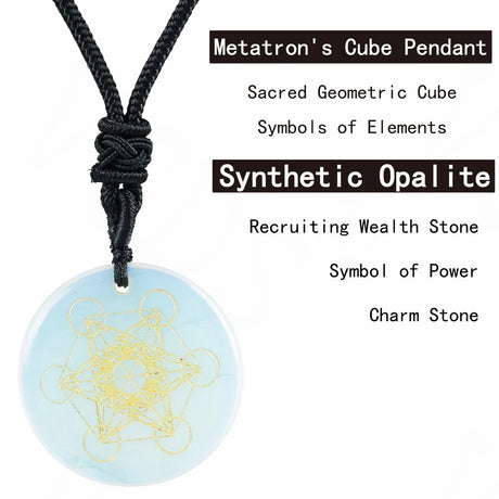 Metatron's Cube pendant on a black cord with text describing its properties.