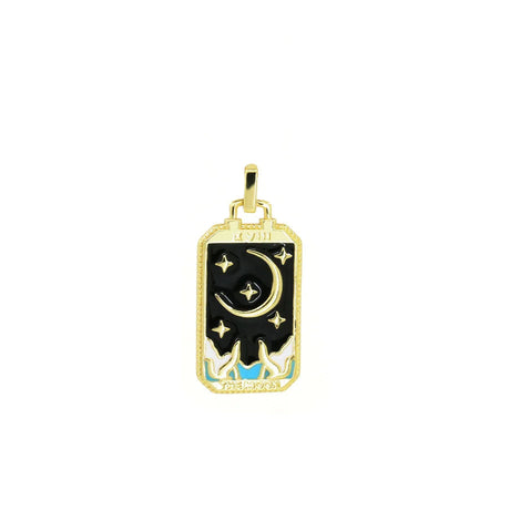 Gold pendant with black and blue design on a white background