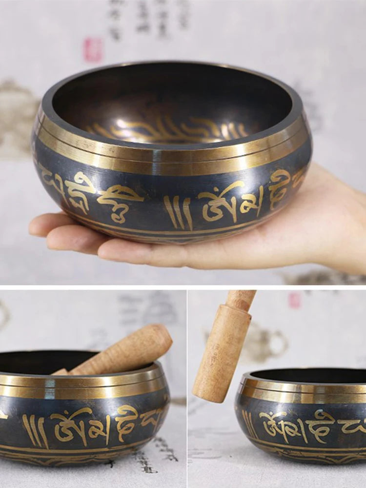 Tibetan singing bowl with gold text held by a hand, shown from different angles.