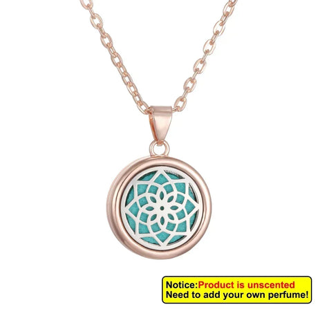 Rose gold necklace with a turquoise pendant on a white background