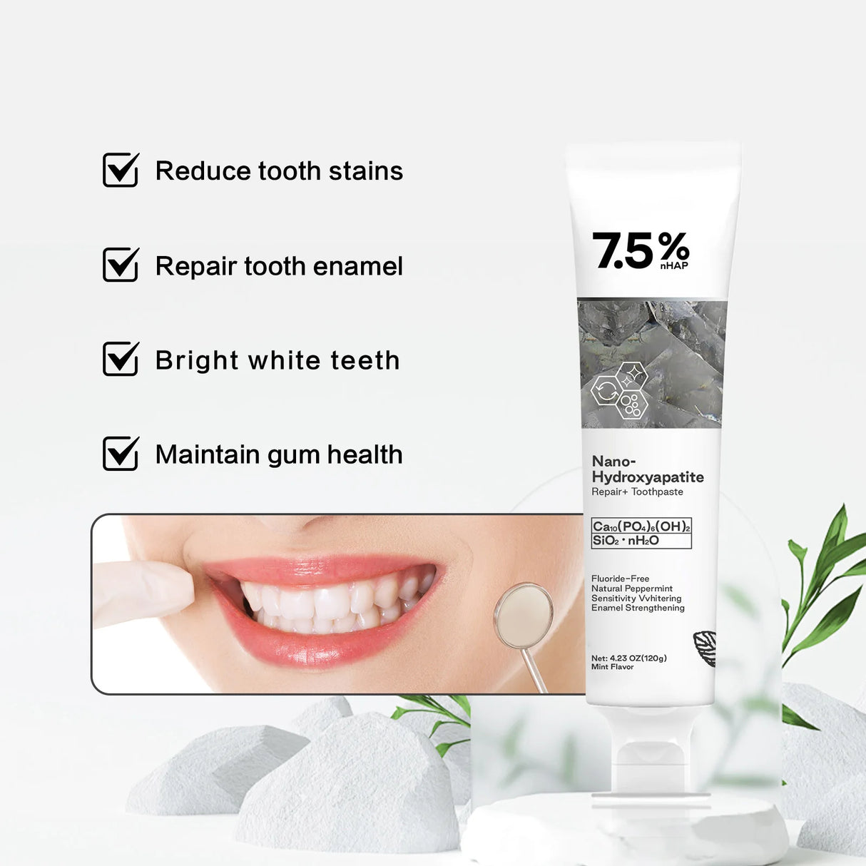 Product packaging with text highlighting features like reducing tooth stains, repairing tooth enamel, brightening teeth, and maintaining gum health.