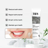 Product packaging with text highlighting features like reducing tooth stains, repairing tooth enamel, brightening teeth, and maintaining gum health.