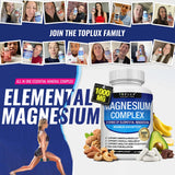 Advertisement for Toplux Elemental Magnesium Complex with images of people holding the product and health benefits text.