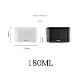 Two containers, one white and one black, with dimensions and a capacity of 180ML on a white background.