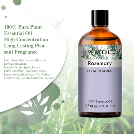 Rosemary essential oil bottle with label on a green leafy background