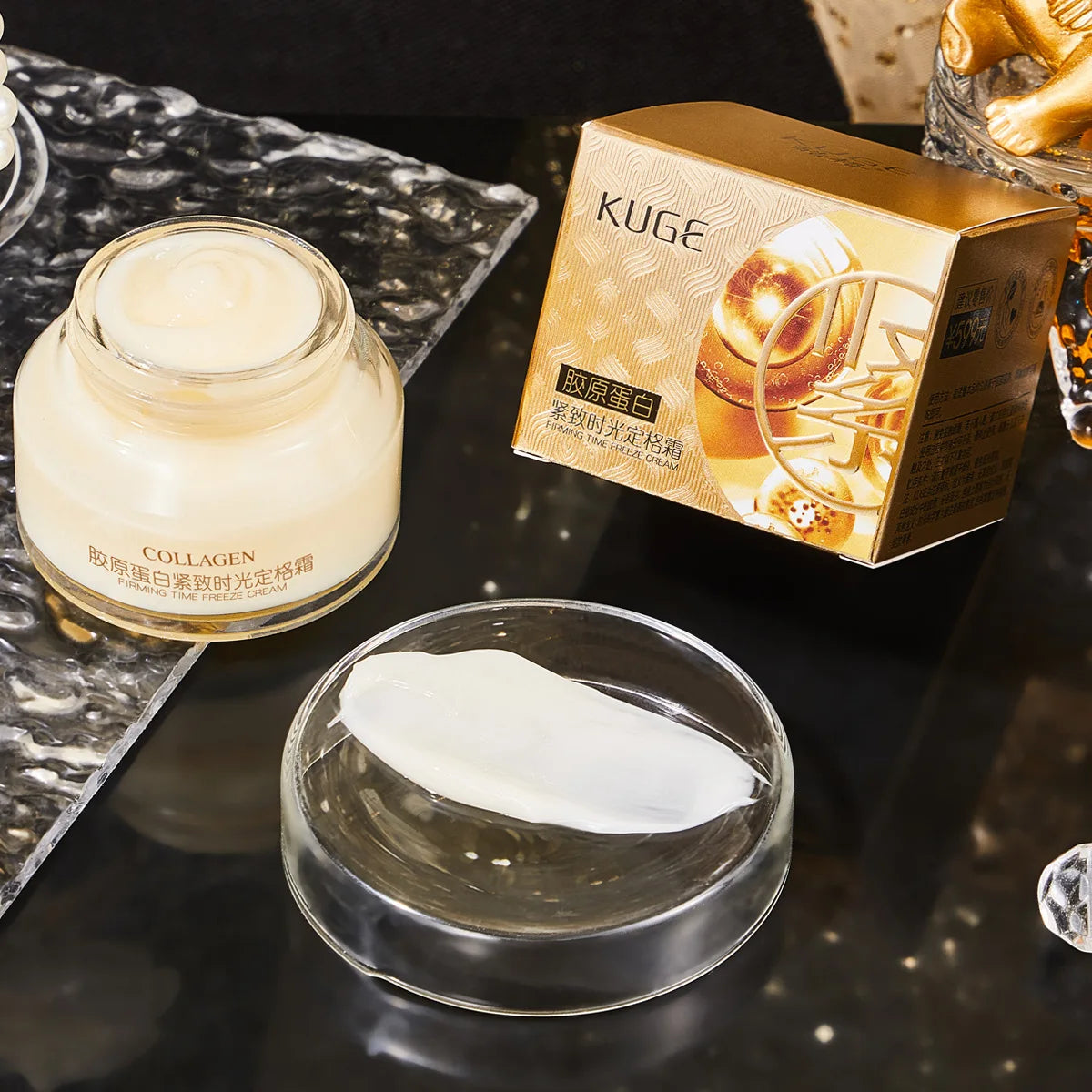 Collagen cream jar, box, and sample on a dark surface