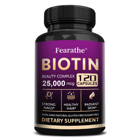 Bottle of Fearathe Biotin supplement on a white background