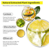 Product packaging with natural ingredients like lemon, shea butter, and olive oil, highlighting their benefits for facial skin care.