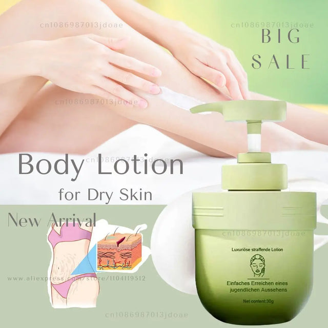 Green body lotion bottle with pump, hands applying lotion, and 'Big Sale' text on a green background.