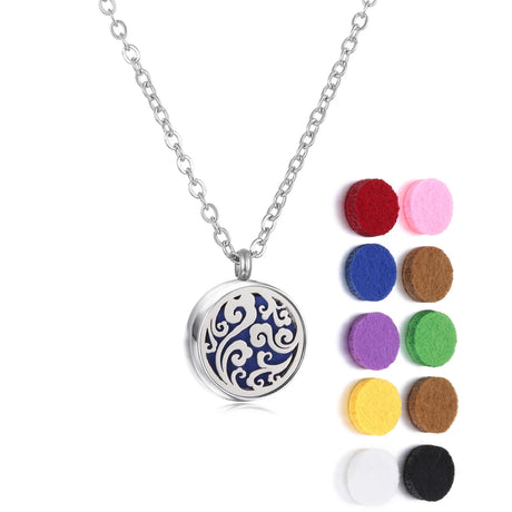 Necklace with a round pendant and colorful felt pads on a white background