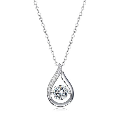 Silver teardrop-shaped pendant necklace with a diamond on a white background