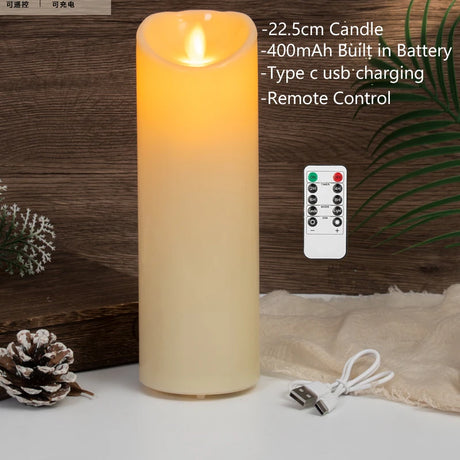 Flickering candle with remote control and charging cable on a wooden surface