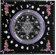 Decorative panel with astrological symbols, flowers, and celestial elements on a black background.
