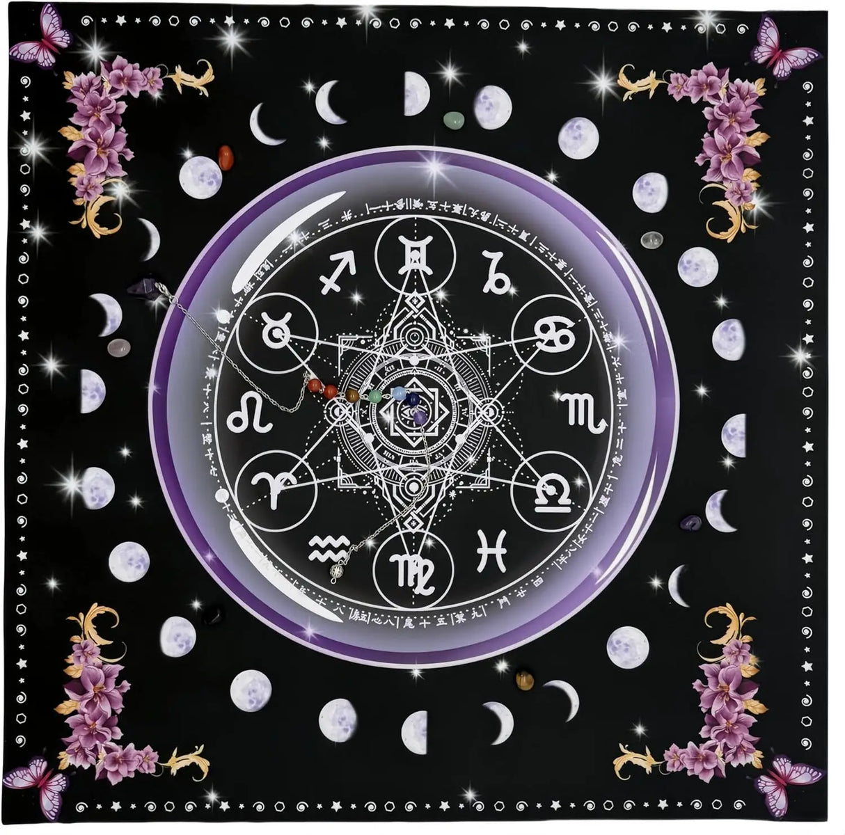 Decorative panel with astrological symbols, flowers, and celestial elements on a black background.