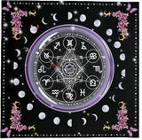 Decorative panel with astrological symbols, flowers, and celestial elements on a black background.