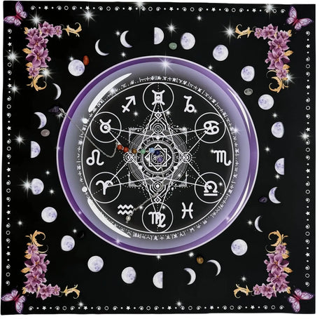 Decorative panel with astrological symbols, flowers, and celestial elements on a black background.