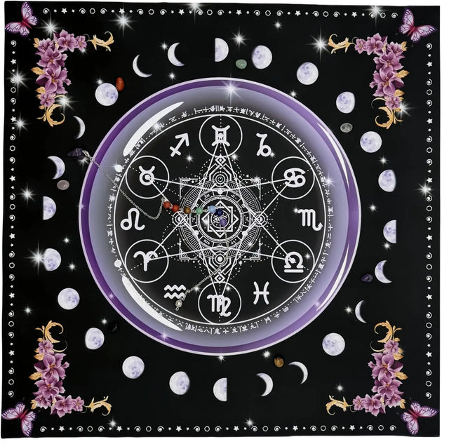 Decorative panel with astrological symbols, flowers, and celestial elements on a black background.